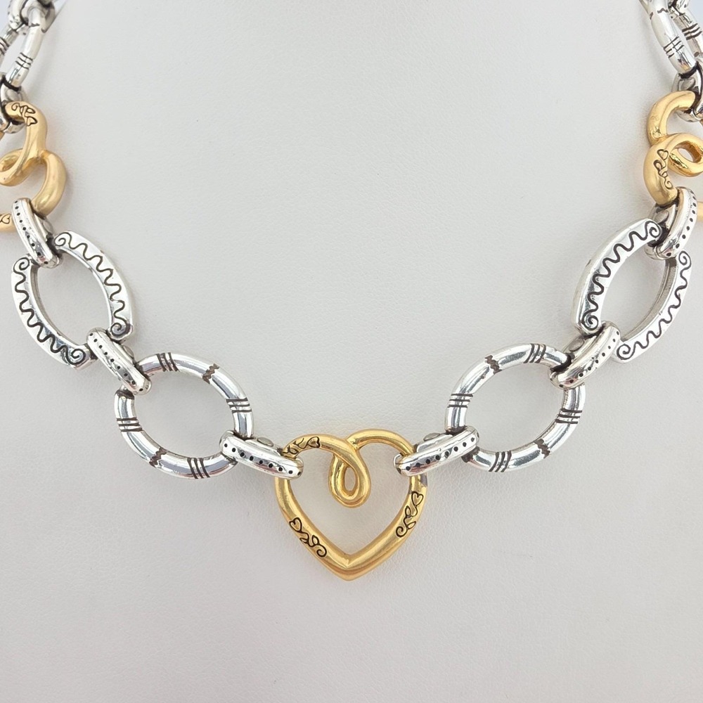 BRIGHTON 'Fresco' Chunky Linked Necklace Heart Scrollwork Silver Gold Plate 19"